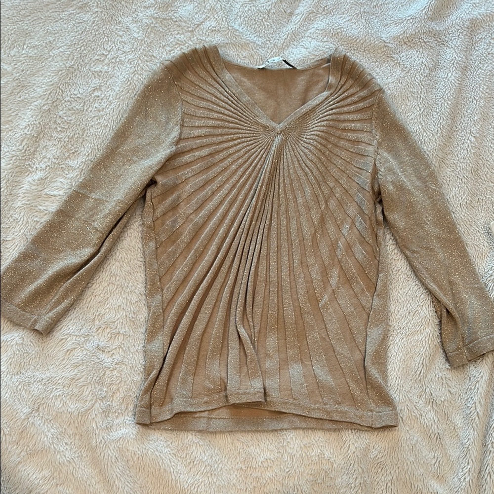 Peter Nygard Tan Pleated V-Neck Blouse